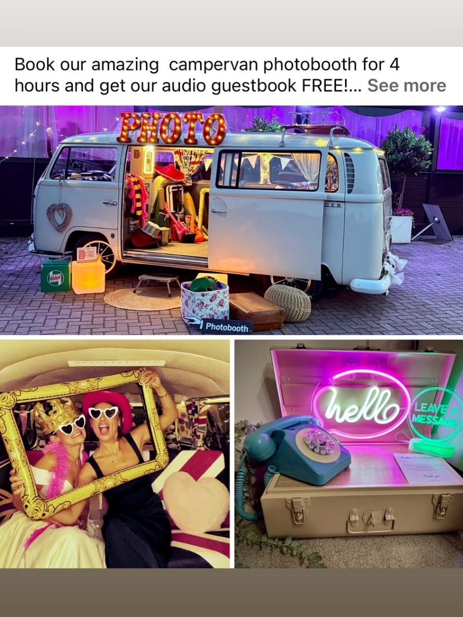 Campervan photobooth hire with free audio guestbook A vintage camper van photo booth with props and a neon "hello" sign.