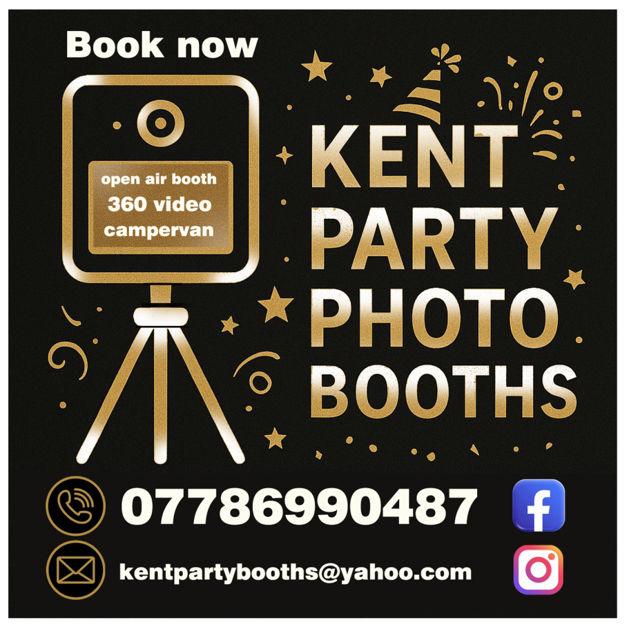 Kent Party Photo Booths Promotional graphic for Kent Party Photo Booths with contact details and booking information.